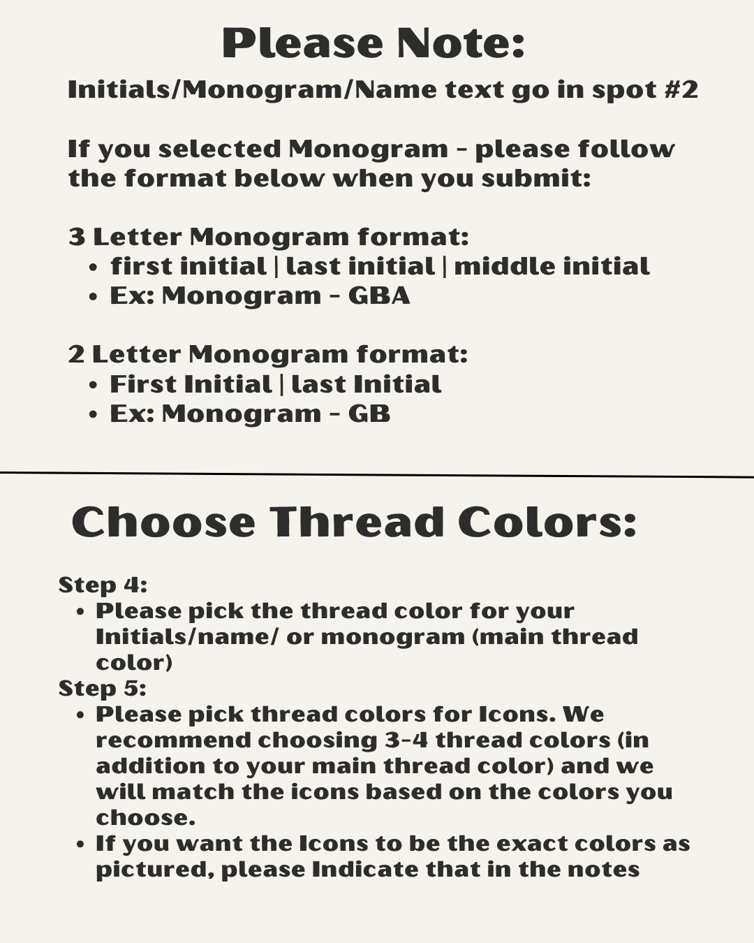 Instructions for monogramming with thread color choices on a white background