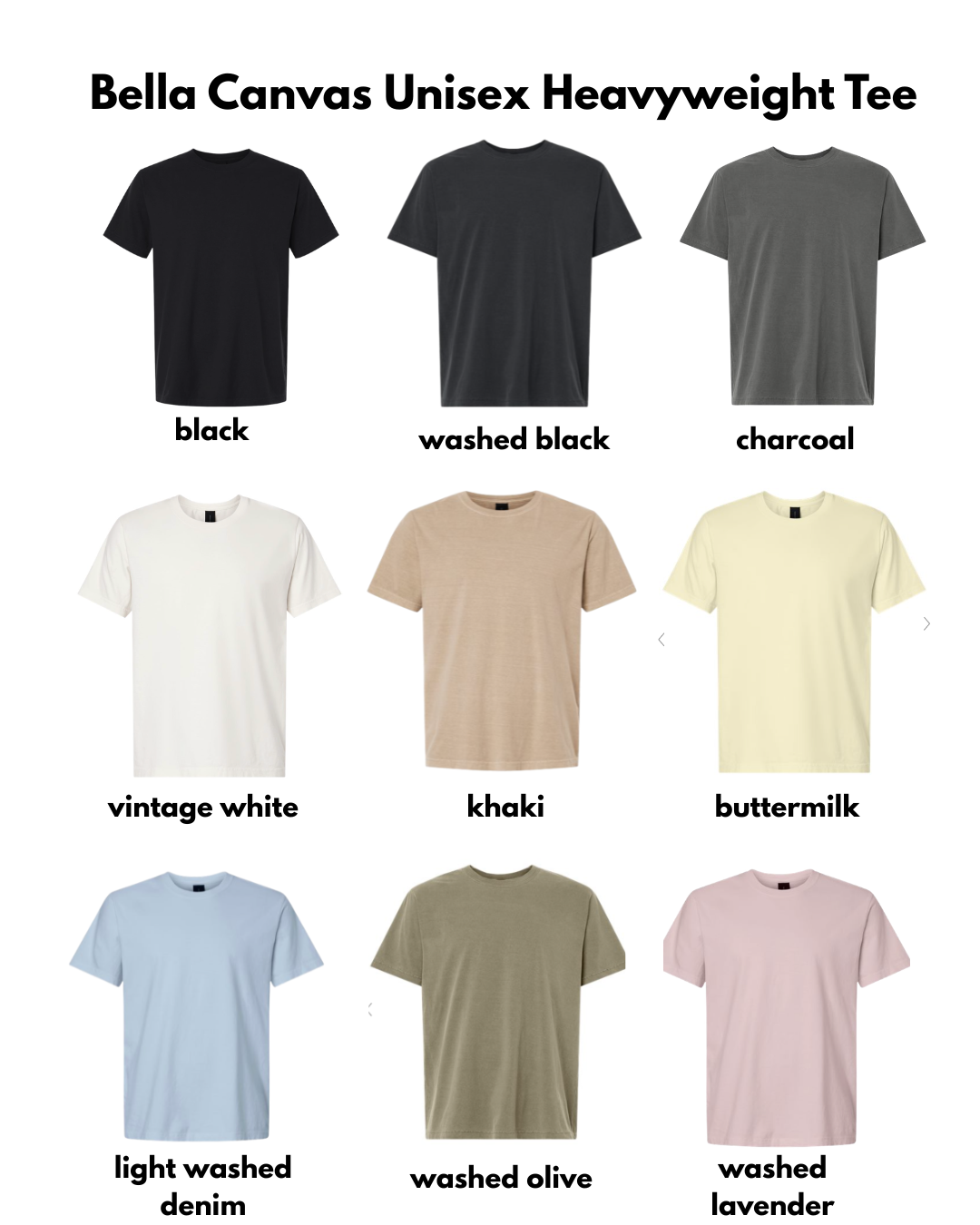 Collection of Bella Canvas unisex heavyweight tees in various colors on a white background.